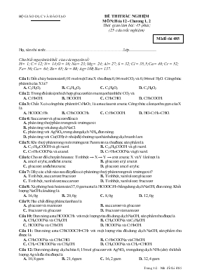 Đề 3 thi trắc nghiệm môn Hóa 12 - Chương 1, 2 thời gian làm bài 45 phút